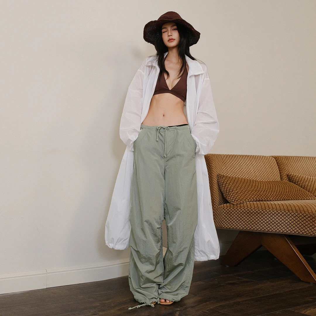 FRESH UP凉感轻薄褶皱肌理感休闲工装裤女尼龙低腰宽松降落伞裤子