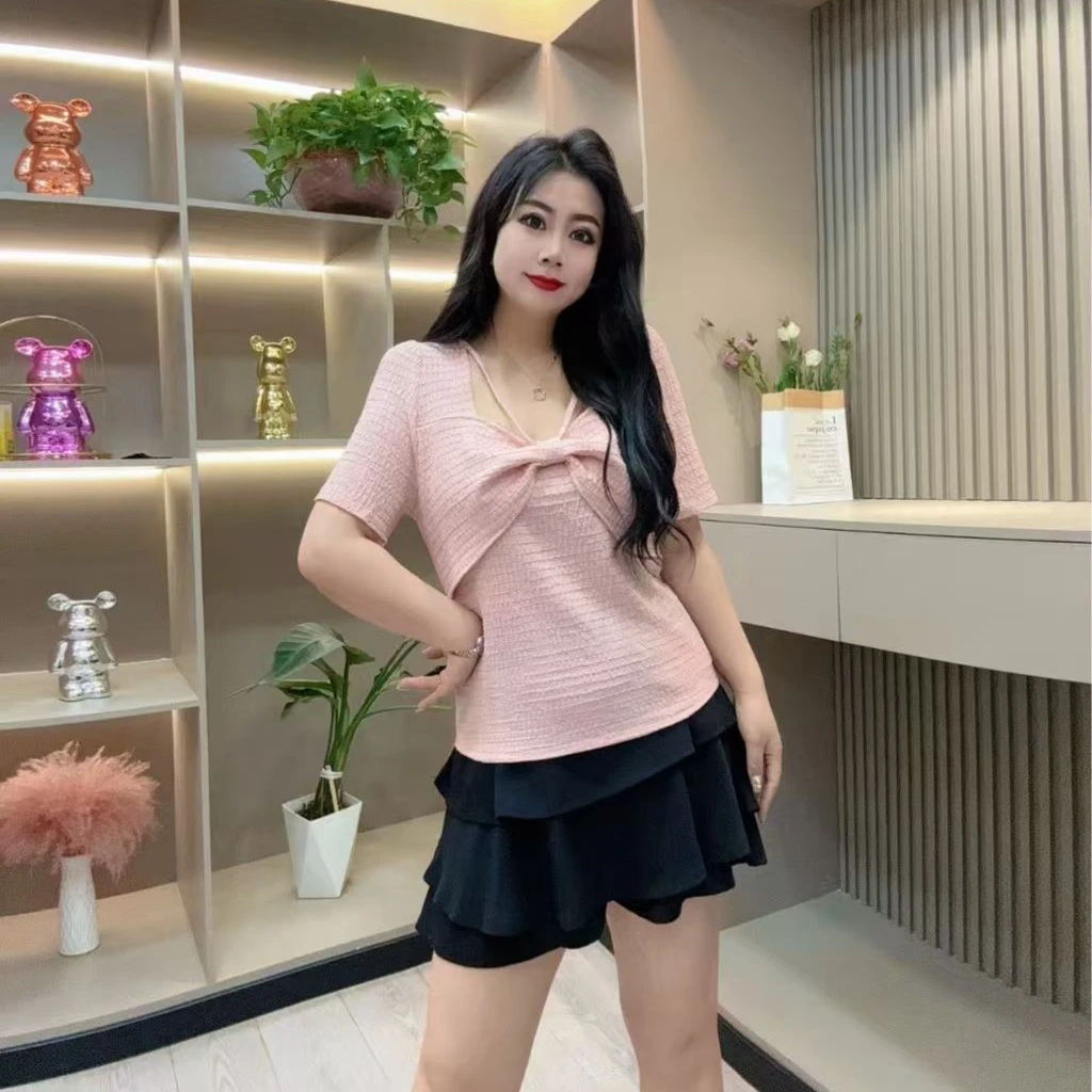 春夏半袖-璐 8827时尚洋气蝴蝶结领绳款显瘦潮流胖MM大码女装新款