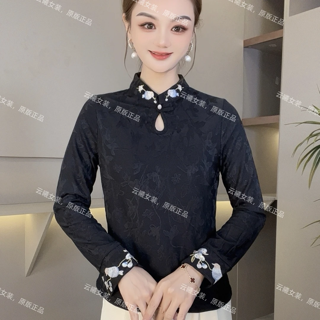 【5103】刺绣小衫 秋冬洋气保暖提花一体绒薄绒弹力长袖打底衫