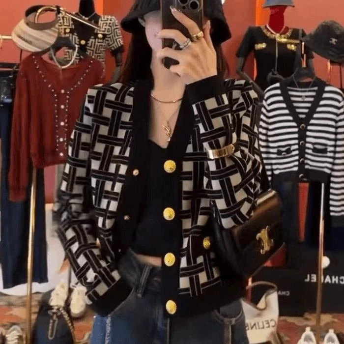 B006-B099韩版长袖针织开衫女洋气显瘦毛衣外套短款衬衫上衣