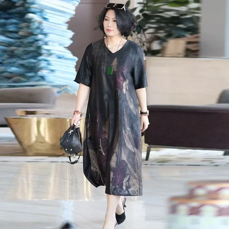 大码200斤高端连衣裙2025夏季新款宽松遮肚子中长裙印花过膝长裙