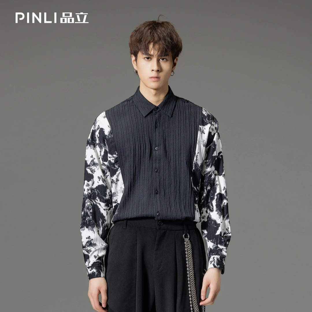 PINLI品立2025秋季新品印花拼接长袖衬衫水墨画潮流宽松男士衬衣