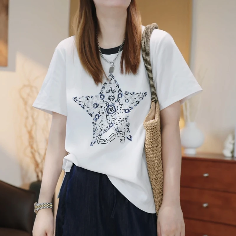 2025夏季新款洋气减龄五角星印花短袖上衣女韩系百搭宽松显瘦T恤