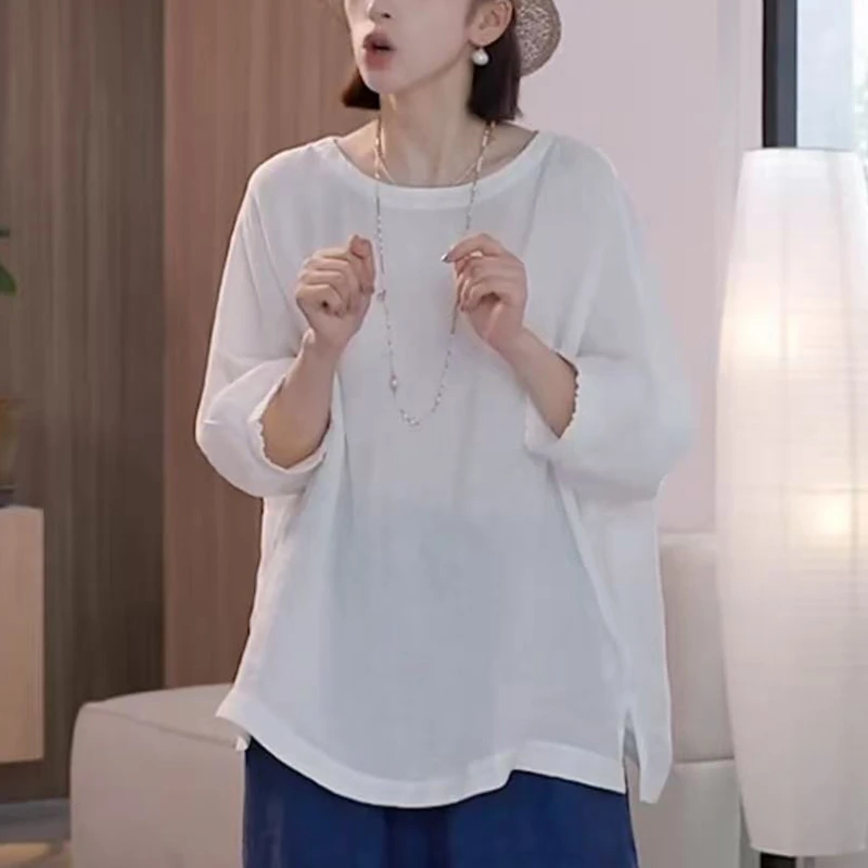 白色休闲亚麻半袖t恤女士2025夏季新款宽松显瘦减龄大版遮肚上衣