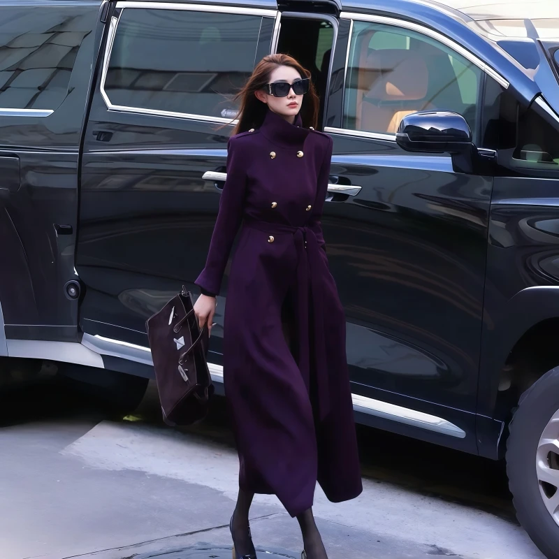 紫色宽松呢子大衣秋冬厚款长款女长袖毛呢外套千金风常规款立领潮