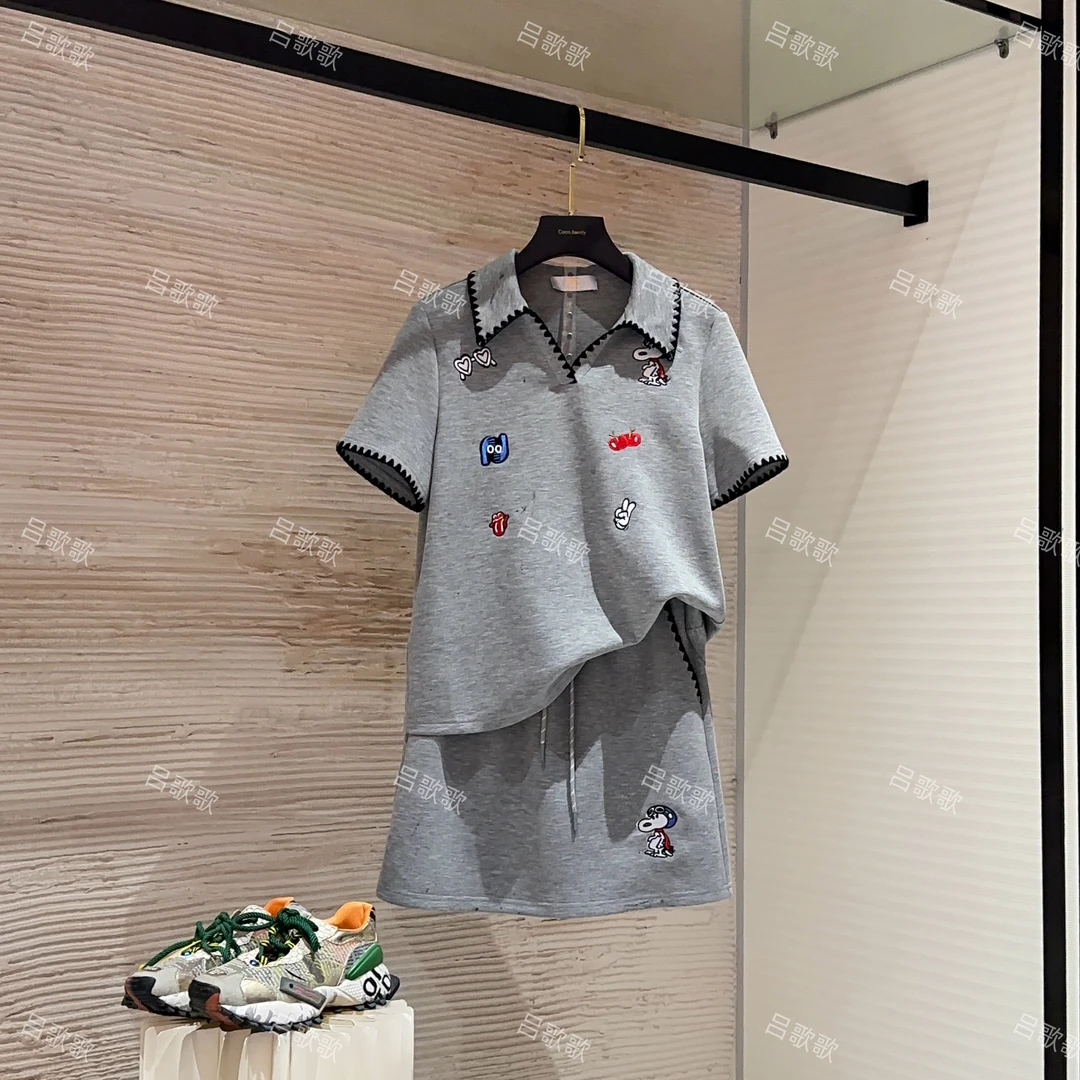 【宠粉价】小狗刺绣条纹夏季短袖两件套大码微胖显瘦套装裙TZ-20