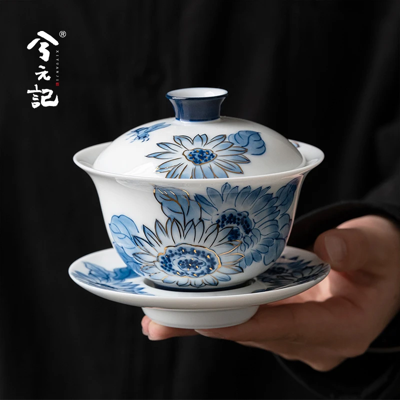 兮元记手绘青花三才盖碗茶杯单个高档描金大号泡茶碗带盖功夫茶具