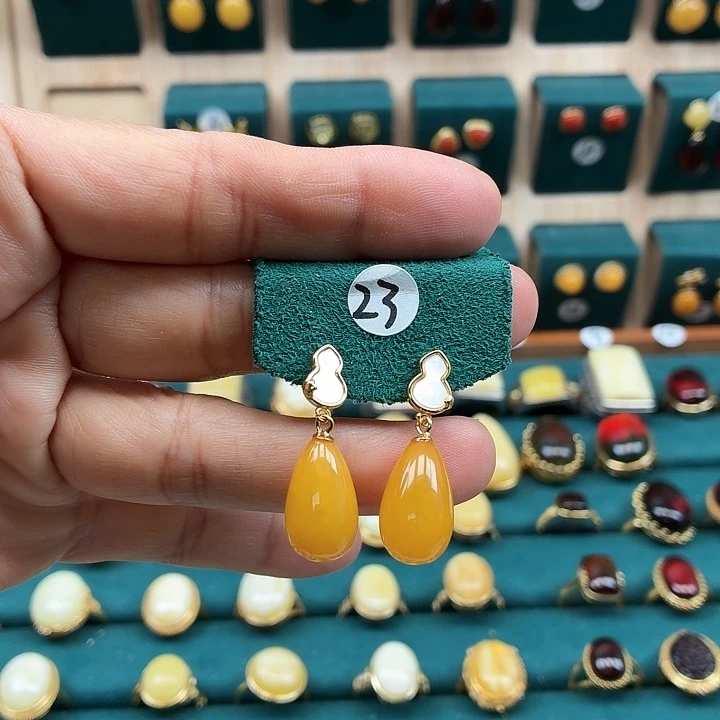 琥珀银S925镀金镶嵌耳饰