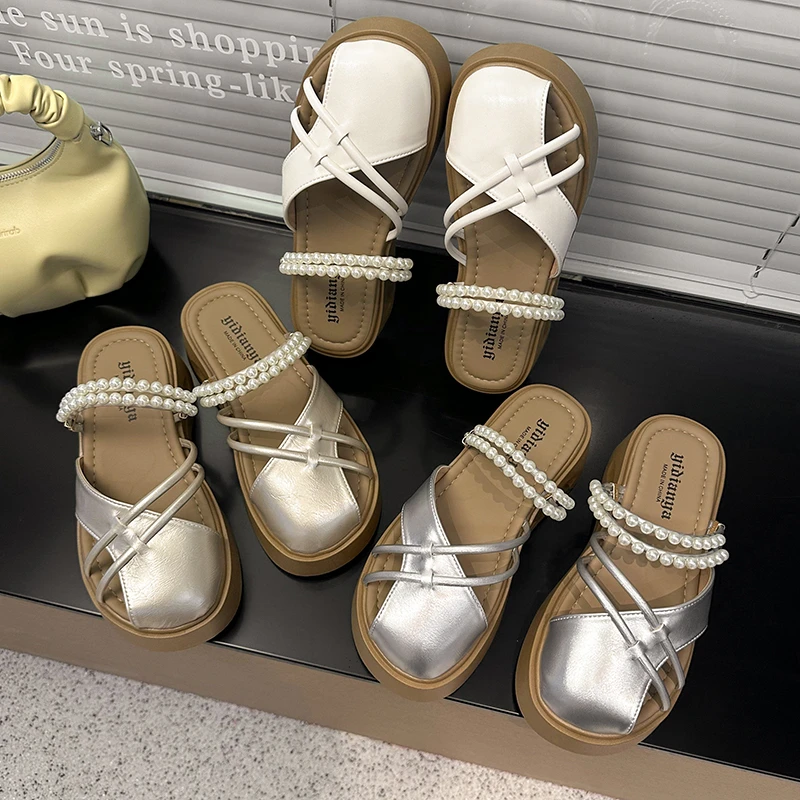 厚底珍珠包头半拖鞋女夏季外穿2025新款高级感镂空配裙子两穿凉鞋