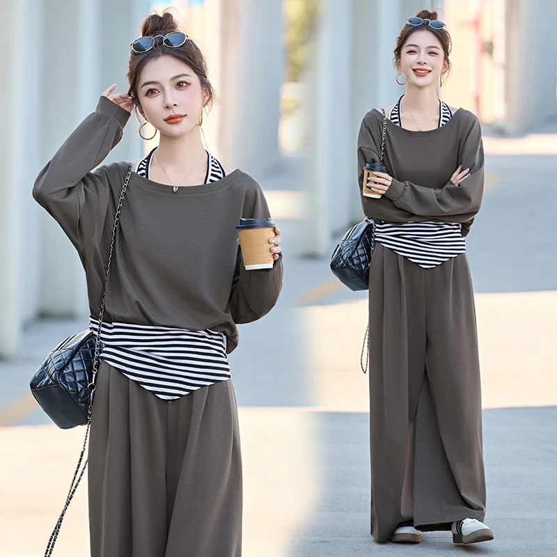 休闲时尚条纹挂脖拼接套装女2025春秋新款设计感宽松阔腿裤两件套