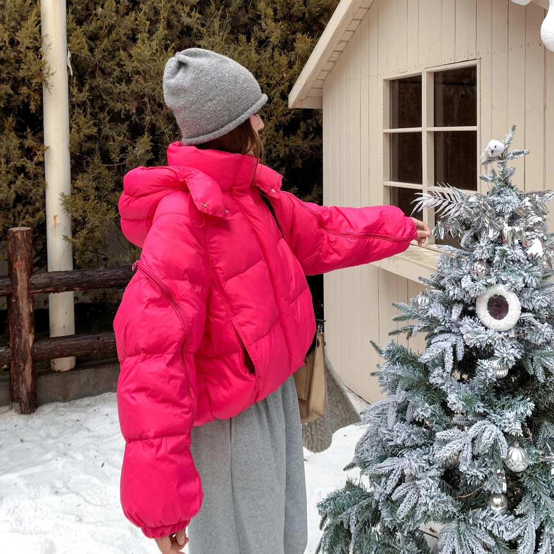 玫红色小个子时尚百搭连帽短款羽绒服女2025冬季新款加厚保暖外套
