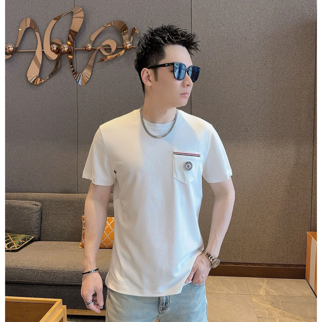 2025夏季新款男士高级感轻奢短袖小珠地与圆领简约灰色正肩半袖