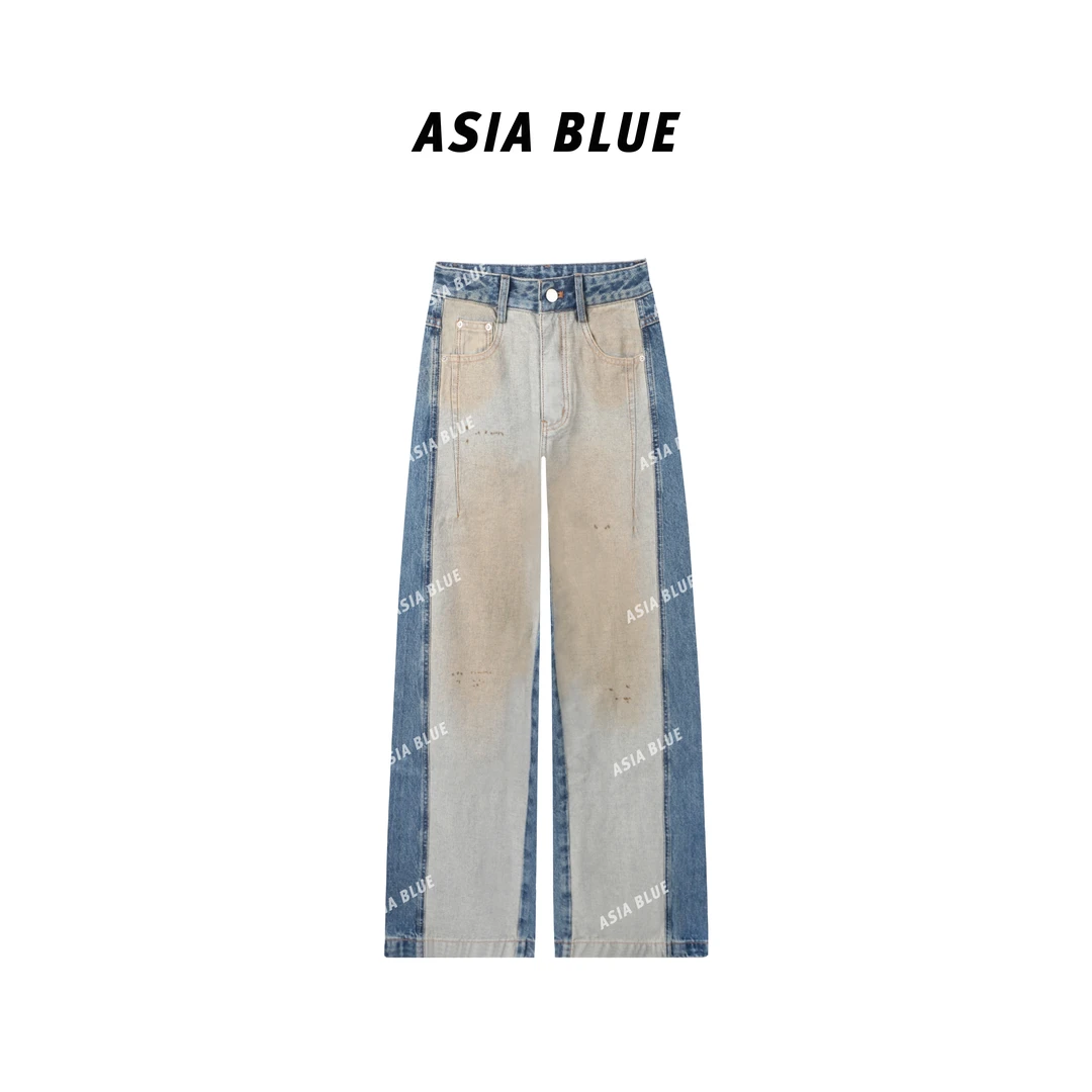 【ASIA BLUE】·  ·秋季无弹复古做旧拼接撞色直筒牛仔裤YW90065