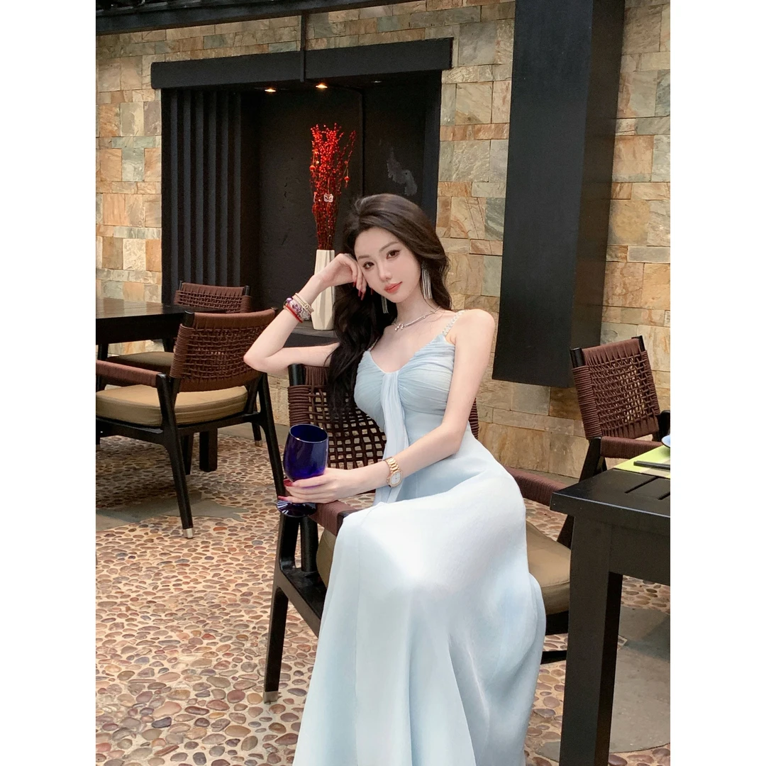 【雅乔定制】飘 V领钻链飘带吊带连衣裙夏季女神长裙DYLL-24126617
