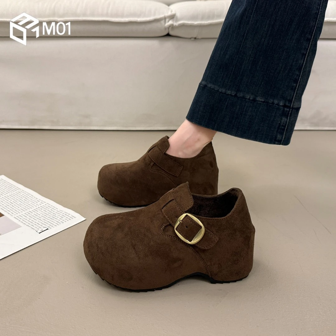 M01加绒厚底勃肯鞋毛绒女冬季高跟深口单鞋新款爆款内增高坡跟鞋