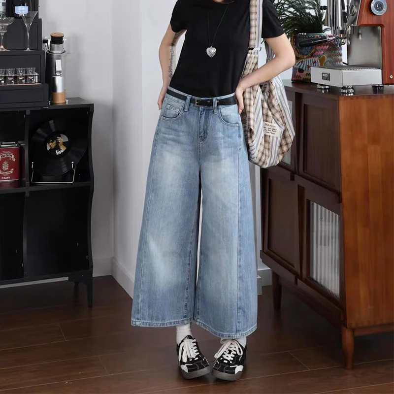 复古水洗蓝色八分阔腿牛仔裤女2025夏季新款高腰宽松百搭直筒中裤