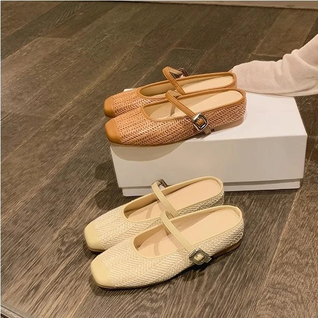 葡萄妈同款 内增高5cm~度假风草编方头凉拖鞋懒人半拖女夏季新款