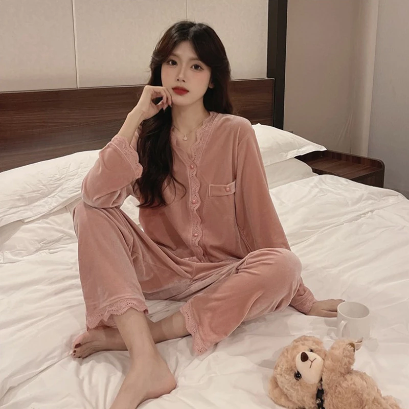 春秋冬网红新款金丝绒睡衣女长袖开衫甜美蕾丝气质家居服套装