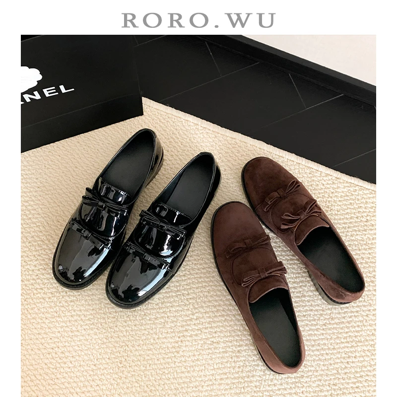 娆娆吴·羊皮法式蝴蝶结低跟平底乐福鞋时尚百搭圆头真皮女鞋L071