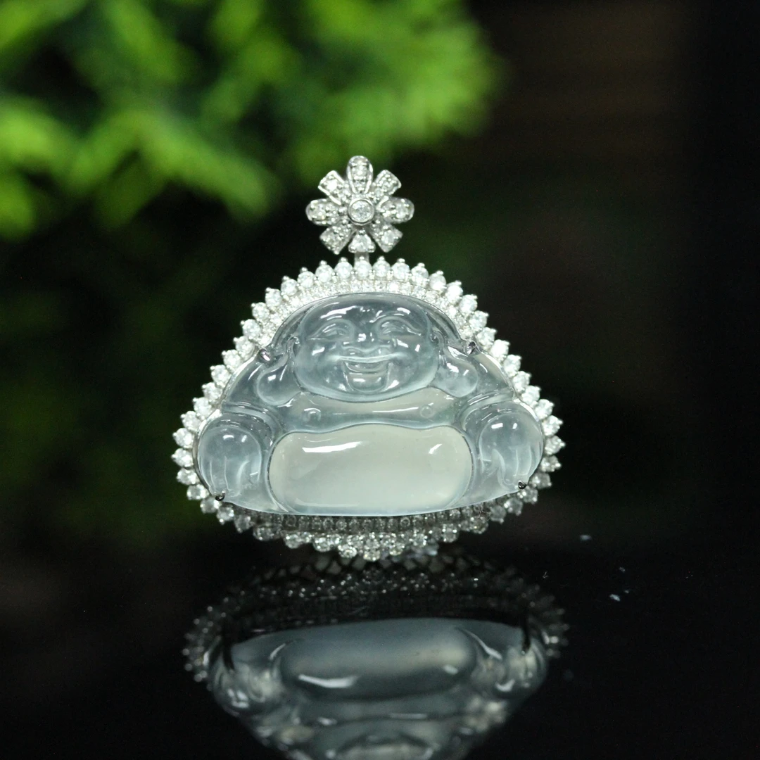 天然缅甸翡翠A货18K白金镶冰胶慈颜常笑佛公吊坠/01027104/拍卖