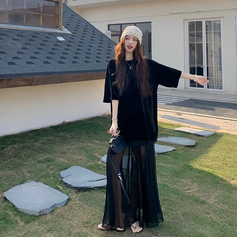 #8202鱼尾魅力新款显瘦高腰网纱拼接法式优雅鱼尾半身+丝绒T恤