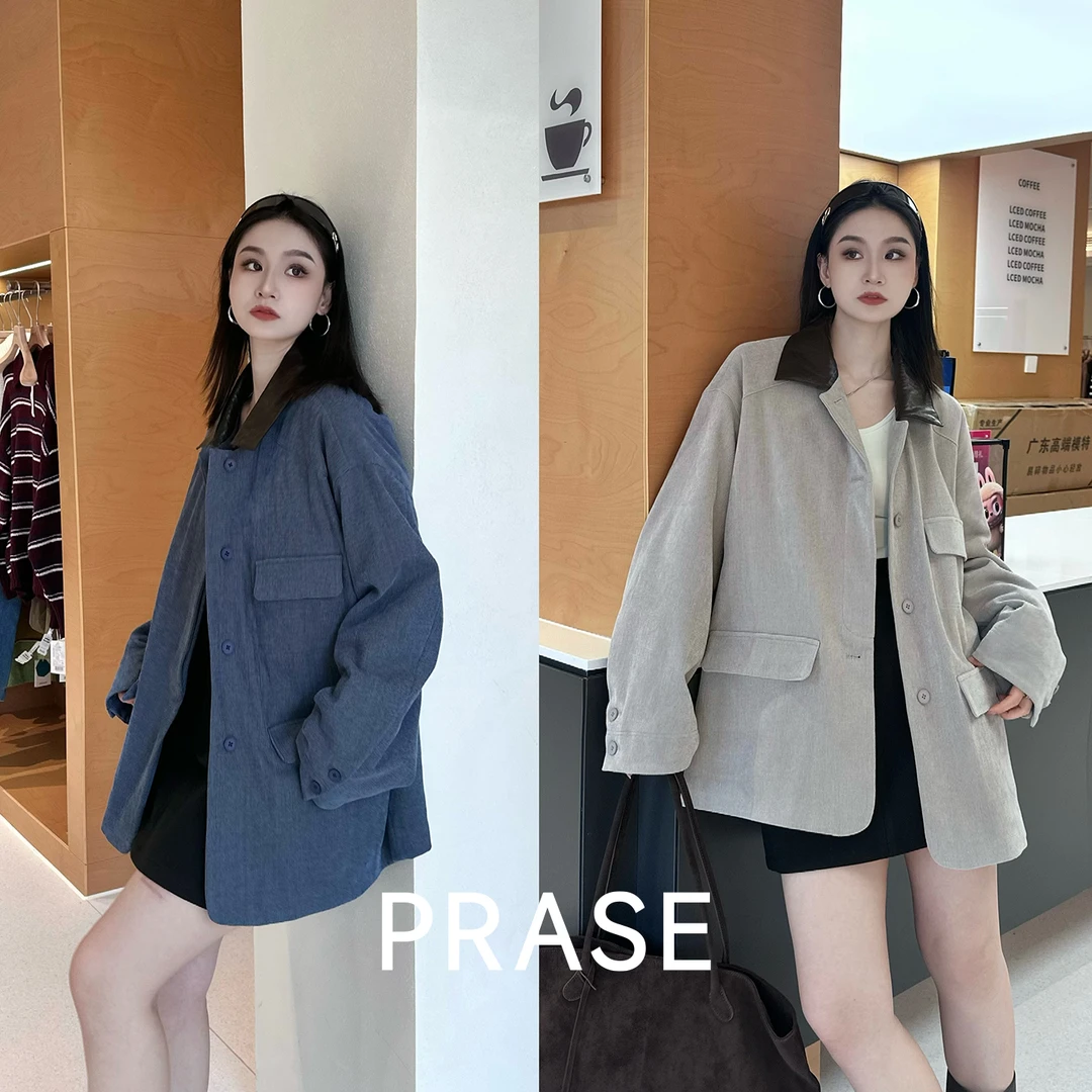 PRASE·噜【北境守护】微胖宽松拼接皮领气质工装夹棉外套女PR508C88