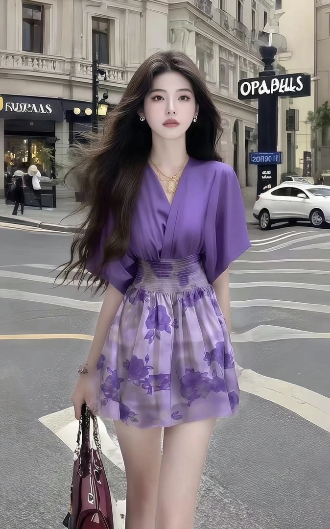 温柔纯欲千金风松弛感V领短袖收腰紫色连衣裙女时尚气质高级女装