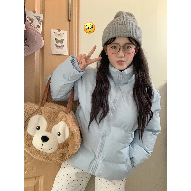 浅蓝色棉服女冬季新款oversize宽松加厚保暖纯色好看棉袄外套