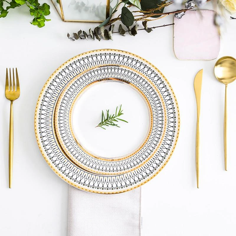 欧式金边珠点玻璃盘西餐盘牛排盘家用餐具套组轻奢高级感陶瓷盘子