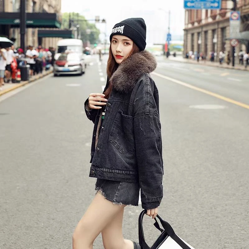 冬季加厚加绒短款韩版百搭牛仔外套女宽松时尚棉衣
