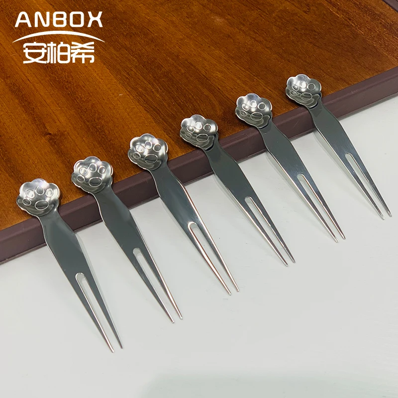 M【拍一发六】ANBOX 304不锈钢猫爪叉水果叉甜品勺水果勺叉六支装