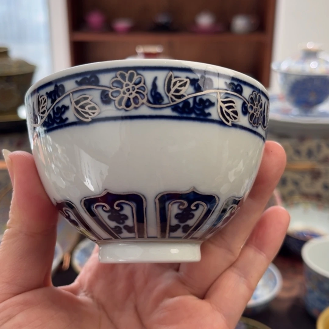 全手工全手绘青花宝相花描银鸡心杯