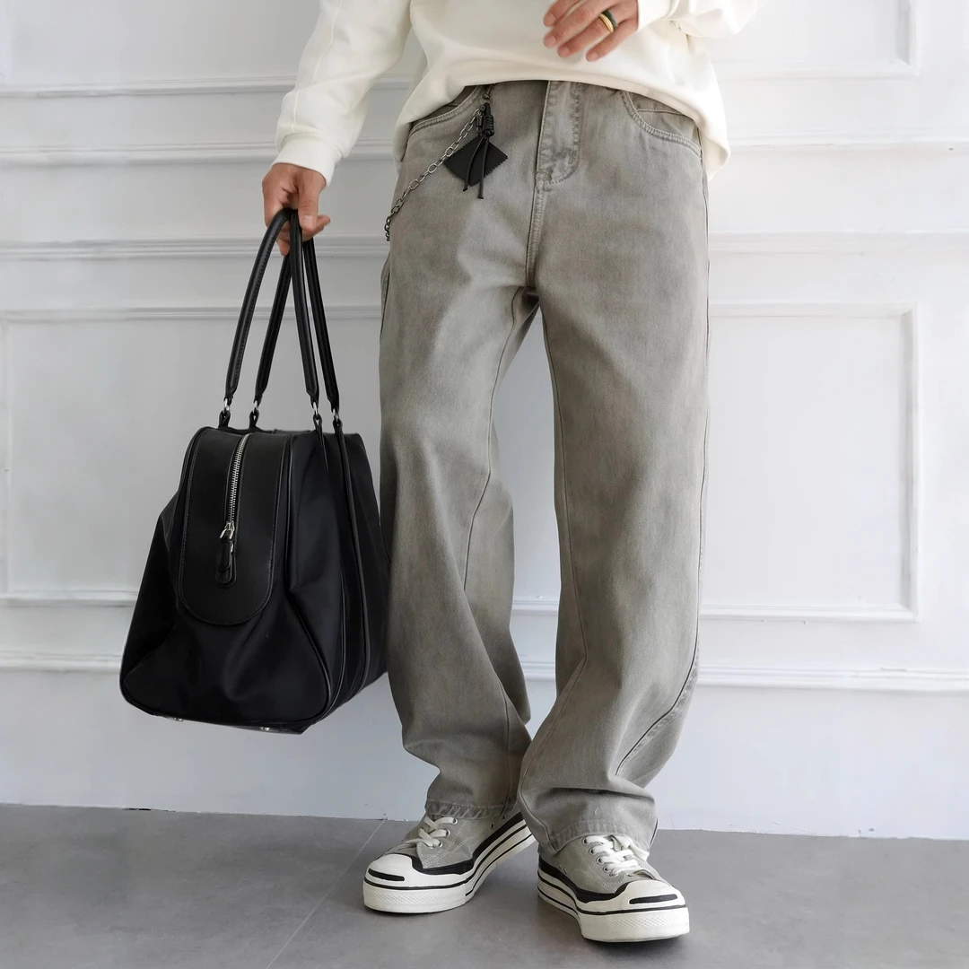 美式高街水洗做旧重磅全棉牛仔裤男士秋冬潮流新款痞帅阔腿弯刀裤