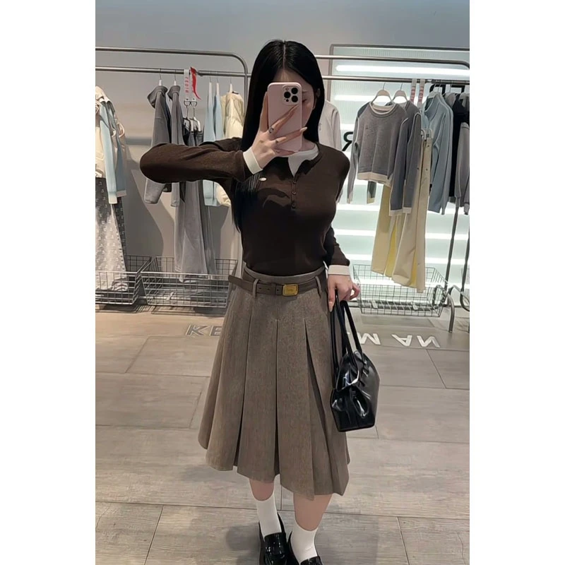 2025秋季新款韩系穿搭假两件修身长袖毛衣上衣气质高腰百褶半身裙