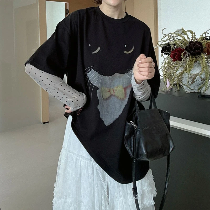 猫咪印花波点蕾丝拼接假两件长袖T恤女2025春季新款休闲百搭设计