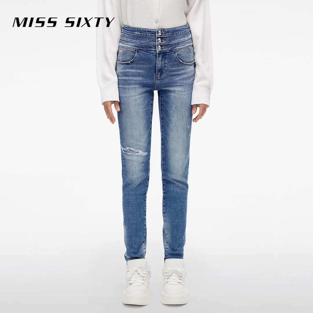 【达人专属】（常规）Miss Sixty春季新款牛仔裤三环高腰修身破洞长裤