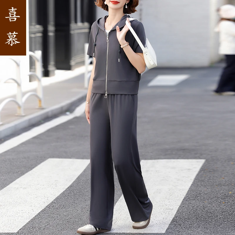 妈妈夏装短袖连帽卫衣外套中老年运动套装女春夏两件套母亲节衣服