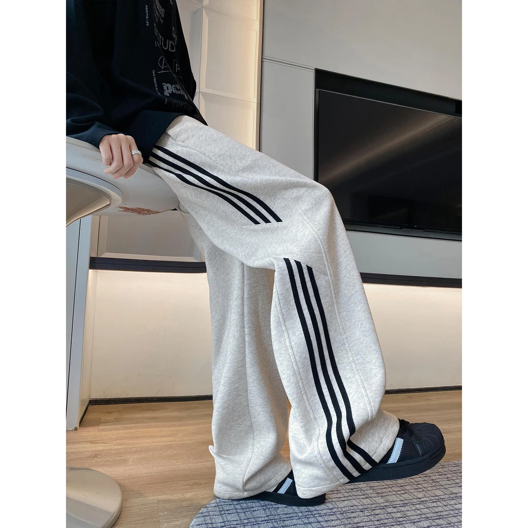 条纹直筒卫裤男款秋季重磅垂感运动长裤宽松阔腿高街休闲裤子