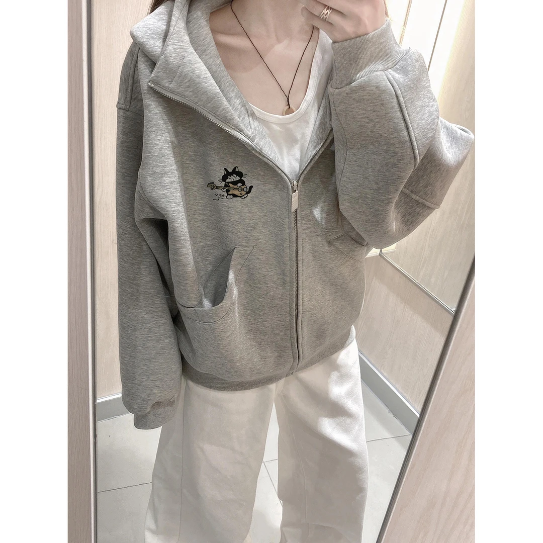 美式吉他小猫字母印花开衫连帽卫衣男女秋冬季潮流情侣拉链外套
