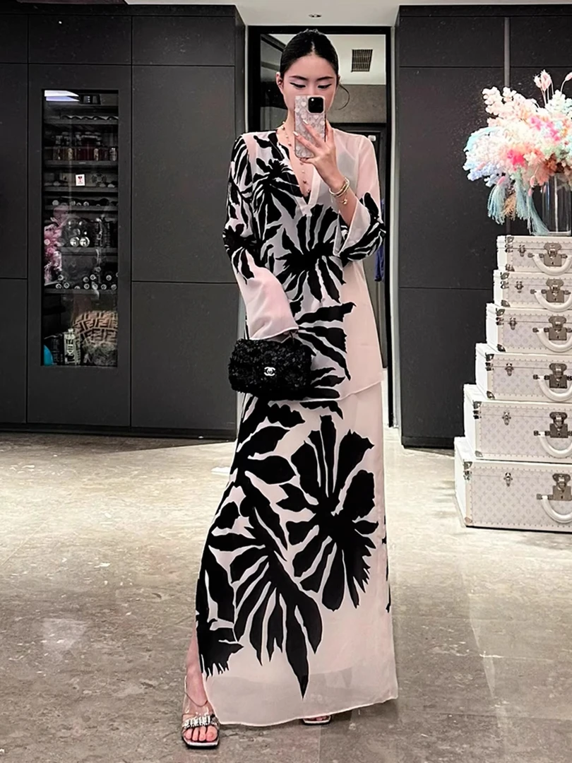 早秋艺术感穿搭高级感巨好看的新中式禅意风印花上衣半身裙套装女