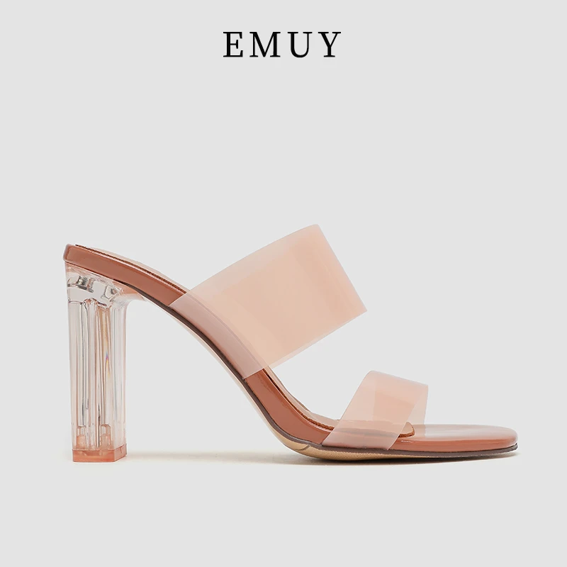 EMUY轻奢女鞋夏季新款裸色高跟鞋粗跟仙女风露趾拖鞋外穿透明凉鞋
