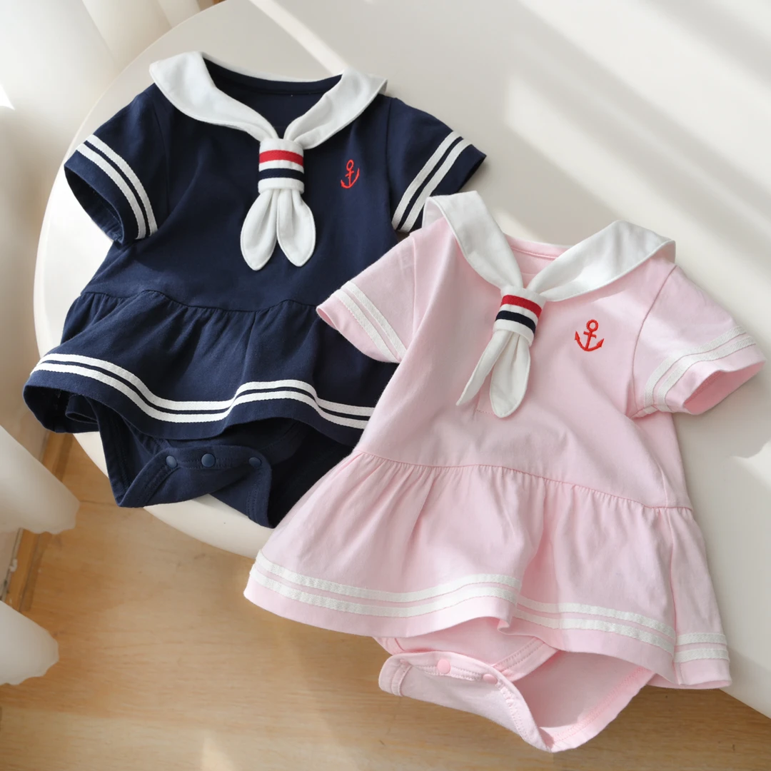 婴幼儿中小童爬服 儿童海军领短袖包屁衣外出服连衣裙 夏款 88653