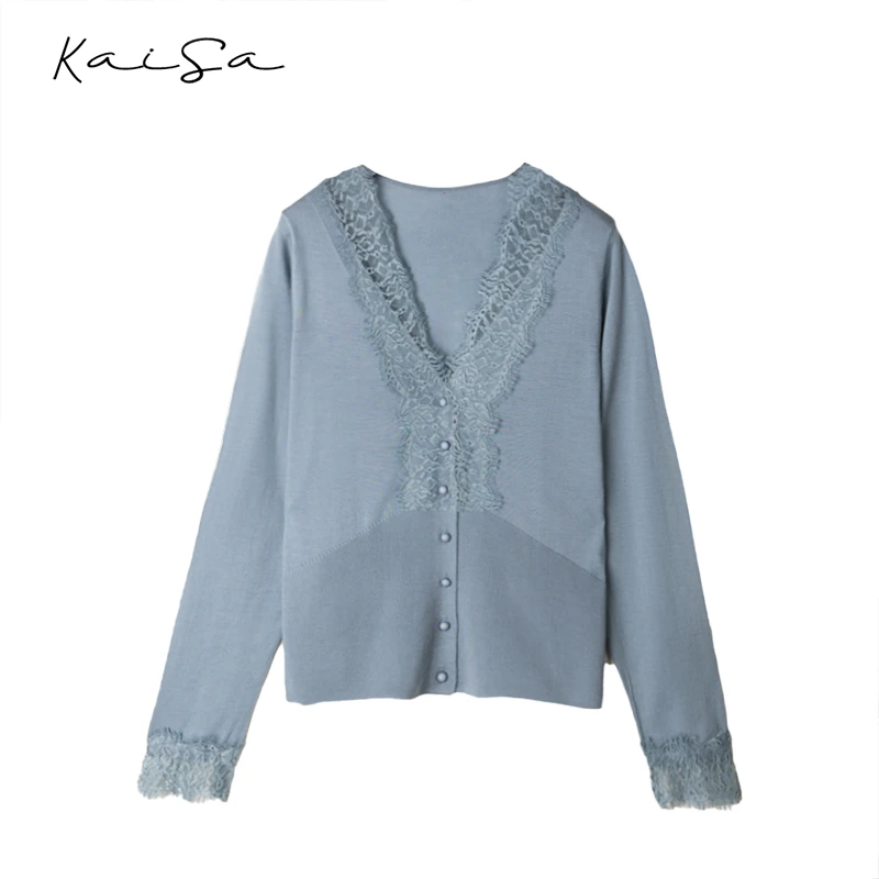 【莉亚】100%超细精纺美丽诺绵羊毛针织长袖蕾丝内搭外穿上衣60413