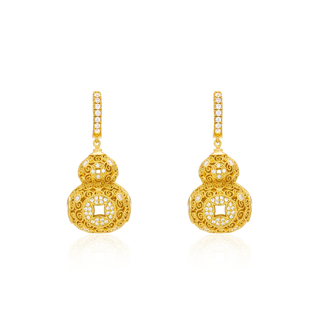 GAONAS 铜合金合成锆石耳饰 元宝鼓瑟中式美金色葫芦耳环11257EGO