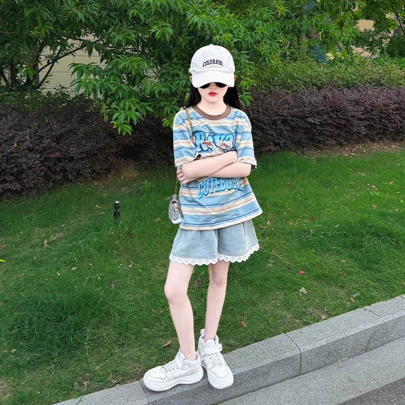 女童夏季2025新款儿童洋气时髦条纹短袖t恤花边牛仔短裤两件套潮