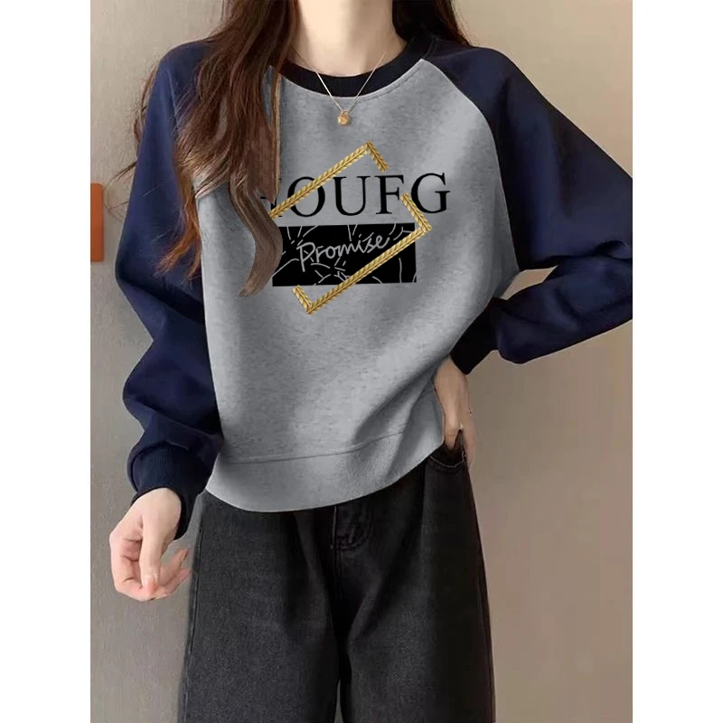 圆领套头打底衫加绒加厚插色撞色卫衣女2025秋冬季新款宽松潮外套