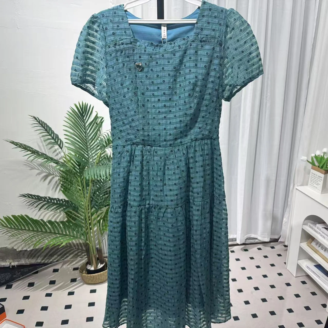 【M785】绿色波点碎花连衣裙夏季女2025新款宽松显瘦泡泡袖裙子女夏