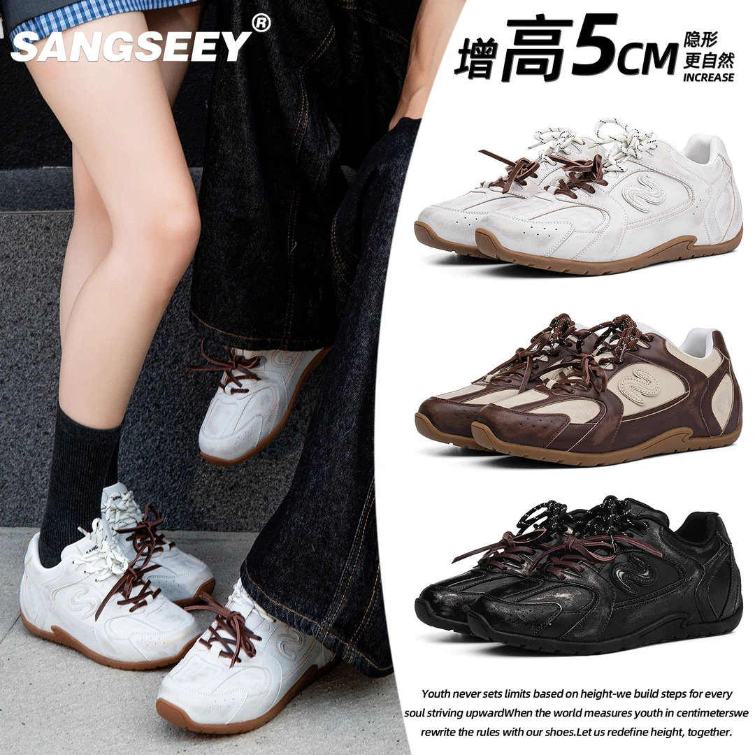 增高5CM复古擦色做旧高级休闲男鞋牛皮情侣防滑软底德训鞋板鞋女