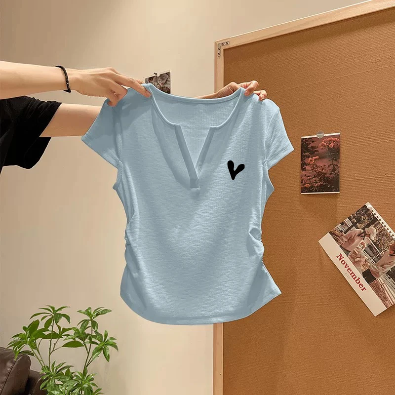 浅蓝色褶皱设计感时髦洋气衣服女短袖t恤夏季新款显瘦百搭上衣潮
