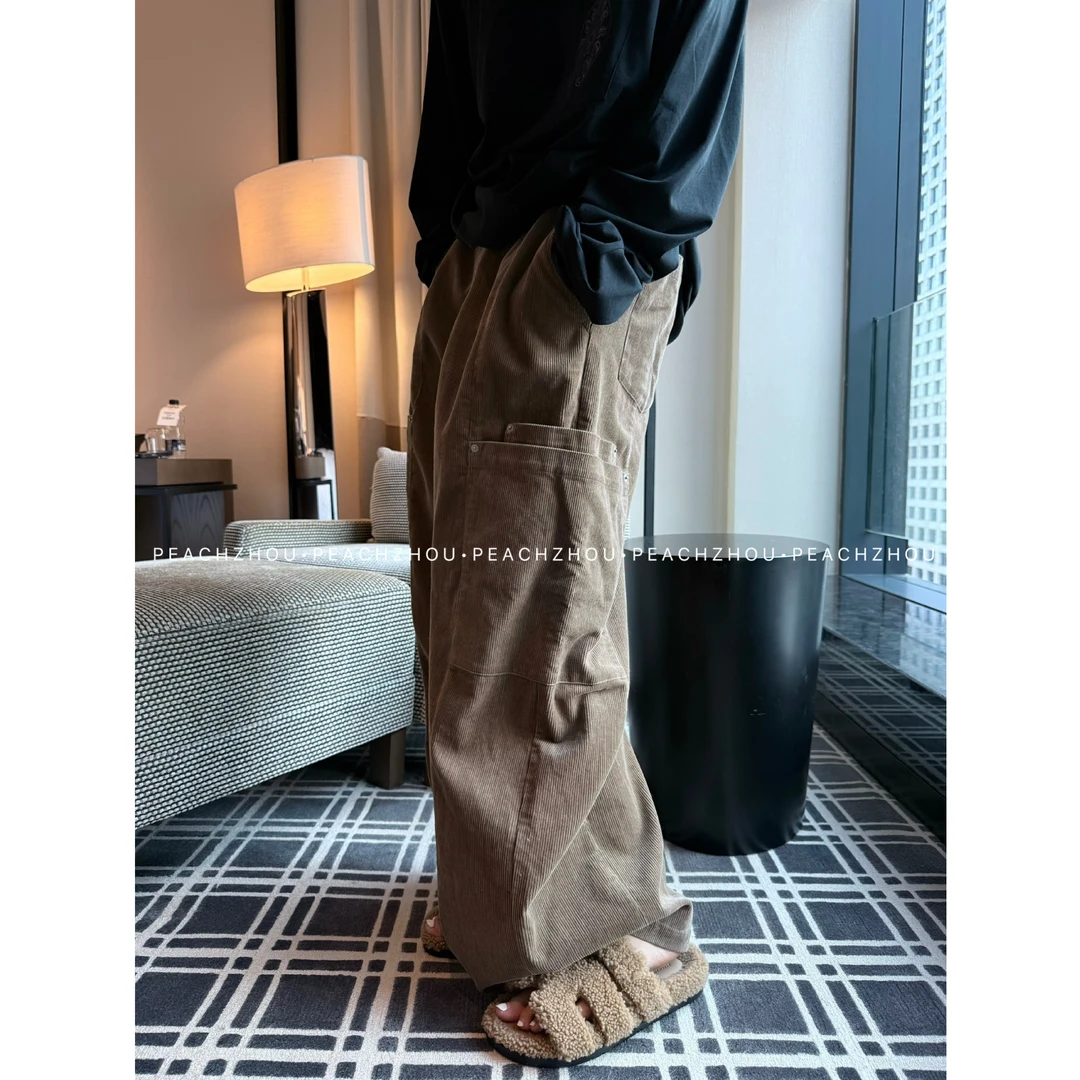 『PEACHZHOU』灯芯绒工装大口袋宽松系扣休闲裤松紧腰复古阔腿长裤